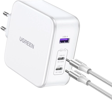 Сетевое зарядное устройство Ugreen CD289 GaN Fast Charger 140Вт with Cable White (15339)