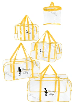 Набір 4+1 прозорих сумок у пологовий будинок Mommy Bag (S, M, L, XL + подарунок - органайзер) Жовтий