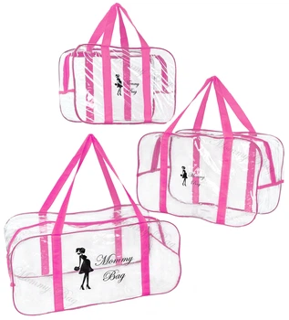Набір з 3 прозорих сумок в пологовий будинок Mommy Bag S, M, L рожевий (p006)