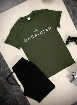 Мужской спортивный комплект футболка и шорты с патриотическим принтом I'm UKRAINIAN ATEX 0052 M Хаки с черным (AT-0052/02 C )