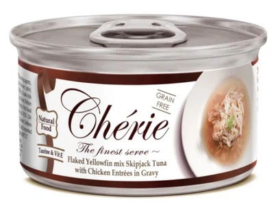 Вологий корм для котів Cherie з ніжними шматочками жовтоперого тунця та курки в соусі 80 г (4712937600340)