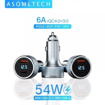 Автомобільний зарядний пристрій ASOMETECH USB Type-c + USB qc 3.0 з дисплеєм Metall (54W)