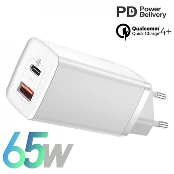 Мережний pарядний пристрій Baseus 65W GaN2 Lite QC4.0+PD3.0 1USB+1Type-C 5A Швидка зарядка для телефону/ноутбука (CCGAN2L-B02) White