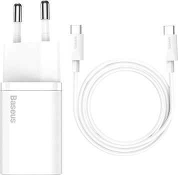 Сетевое зарядное устройство Baseus 25W 1Type-C Super Si Quick Charger QC3.0+PD3.0 3A + кабель Baseus Type-C to Type-C 3A 1м White