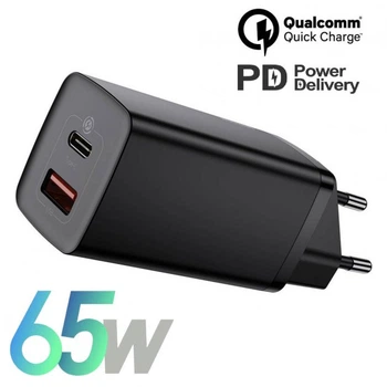Мережний pарядний пристрій Baseus 65W GaN2 Lite QC4.0+PD3.0 1USB+1Type-C 5A Швидка зарядка для телефону/ноутбука (CCGAN2L-B01) Black
