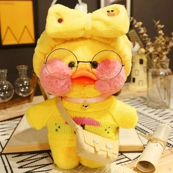 Мягкая игрушка Уточка Лалафанфан утенок в очках Плюшевая Утка Lalafanfan Duck в одежде для детей желтая 30 см