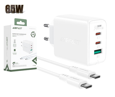Блок живлення Acefast 65W (1xUSB, 2xType-C) + кабель USB-C 100W White