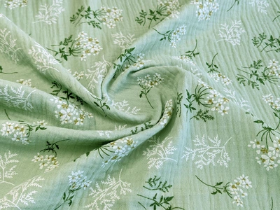 Ткань Муслин рисунок ромашка, олива, пог. м. (м62, 2211040A, д25 цв5)