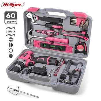 Розовый Шуруповерт аккумуляторный 12V Hi-Spec и набором из 60