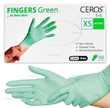 Нитриловые перчатки Ceros, плотность 3.5 г. - Green - Зеленые (100 шт) XS (5-6)