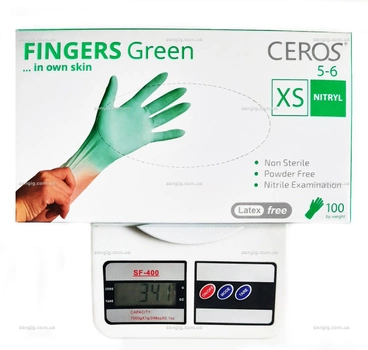 Нитриловые перчатки Ceros, плотность 3.5 г. - Green - Зеленые (100 шт) XS (5-6)