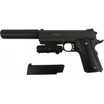 Страйкбольний пістолет Colt 1911 Rail Galaxy G25A з Глушником та Прицілом метал чорний