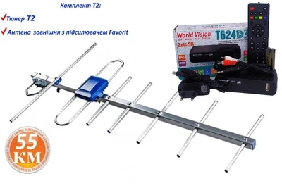 Комплект Т2 телевидения ( Тюнер DVB-T2 WV World Vision T624D3+ Антена для Т2 наружная с усилителем Eurosky Favorit Фаворит)