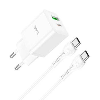 Сетевое зарядное устройство Hoco N28 Founder |1USB/1Type-C, 20W/3A, PD/QC| адаптер с быстрой зарядкой кабелем Type-C 1м. White