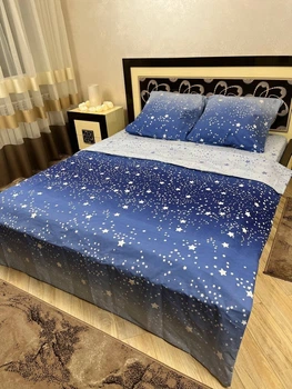 Постельное белье хлопковое Звезды Двуспальное 180 x 220 Бязь Синее с белым