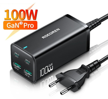Блок живлення Rocoren GaN 100W (2xUSB, 2xType-C) Quick charge для MacBook/Asus/Lenovo/HP/Google/Huawei/Samsung