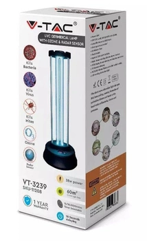 Кварцевая бактерицидная лампа V-TAC VT-3239 UVC 38W, УФ+Озон, 60м2, датчик движения, таймер, чёрный (11208)