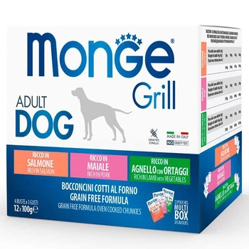 Monge (Монж) Grill Adult Dog Multipack Lamb&Pork&Salmon – Набір паучів з ягням та овочами, свининою, лососем для собак великих порід, 12х100 г