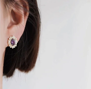Классические из серебра S 925 позолоченые желтым золотом Au 585 с лавандово-фиолетовым камнем, серьги гвоздики вечерние, серьги золотые с камнями, серьги под платье, серьги серебряные на подарок девушке Lemon_jewerly СГЗ-6