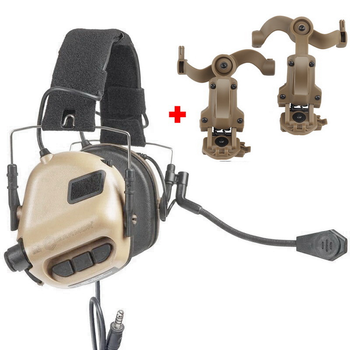 Активні навушники з гарнітурою Earmor M32 Coyote TAN + Premium кріплення на шолом (150223)