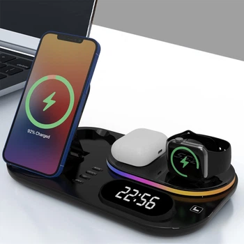 Док-станція з годинником 4in1 A6 LED Clock 30W для iPhone/Samsung/Apple Watch/AirPods black