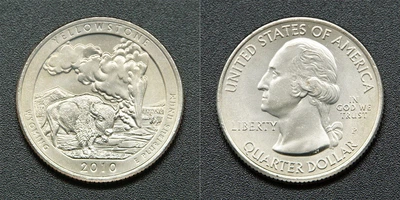 Монета 25 центов "'Йеллоустон" США 2010