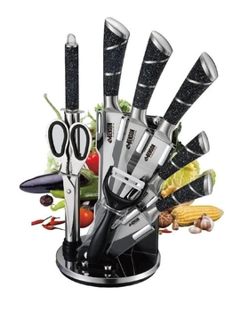 Набір кухонних ножів Венсон ВN-405 з нержавіючої сталі для кухні на підставці 9 предметів Граніт