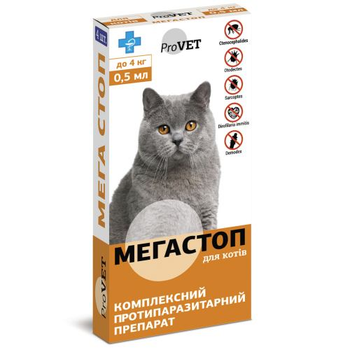 Капли на холку ProVET Мега Стоп для котов до 4 кг от внешних и внутренних паразитов
