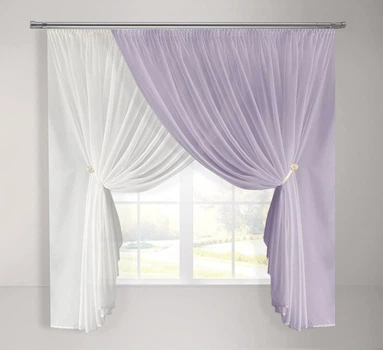 Кухонная шифоновая занавеска Adagio Windows Decor с пышной сборкой бело-сиреневая в размере 2,8х1,7м