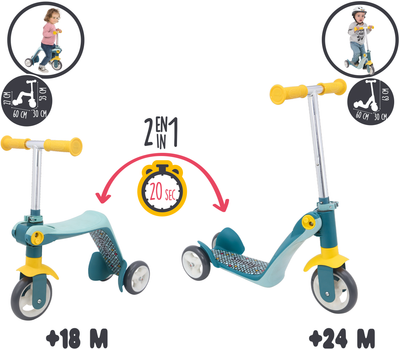 Дитячий самокат-трансформер 2 в 1 Smoby Toys з металевою рамою триколісний Сірий (750612)