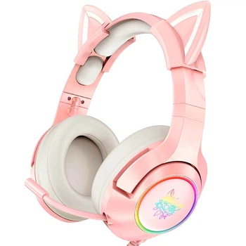Игровые наушники Onikuma K9 USB 7.1 с микрофоном и LED RGB подсветкой кошачьи ушки проводные Pink
