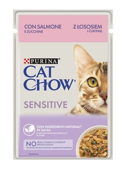 Упаковка влажного корма Purina Cat Chow Sensitive для котов с лососем и цуккини (кусочки в подливе) 85 г x 26 шт