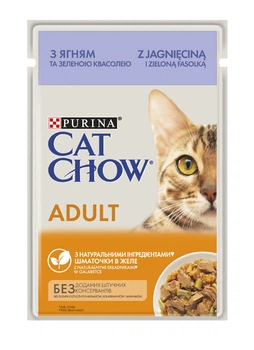 Упаковка вологого корму Purina Cat Chow Adult для котів з ягням та зеленою квасолею (шматочки в желе) 85 г x 26 шт