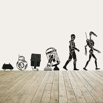 Интерьерная виниловая наклейка Эволюция дроидов Star Wars (Звездные войны R2D2 3PO роботы) матовая 1270х500мм