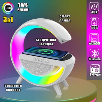Портативна колонка Bluetooth 3в1 SUNROZ WirelessCharger R99 з RGB нічником та бездротовою зарядкою Білий
