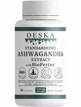 Ашваганда Ashwagandha Extract + BioPerine 500мг 90 капсул Oeska | Экстракт Ашваганды и Черного Перца | 25мг вітанолідів в капсулі