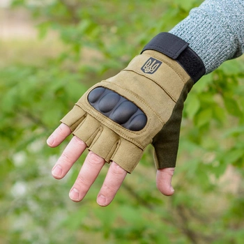 Тактичні рукавички короткопалі (відкриті, без пальців) з гербом койот XL