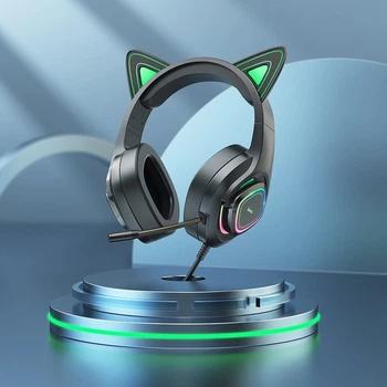 Наушники игровые с микрофоном Hocо W107 (2 метра, кошачьи ушки, проводные, с оголовьем) - Зеленый