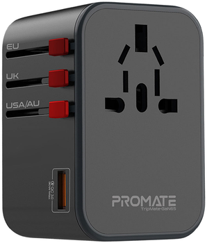 Переходник сетевой Promate TripMate-GaN65 EU/US/UK/AU на EU/US/UK/AU, 2xUSB-C+USB-A 65W total Black (tripmate-gan65.black)