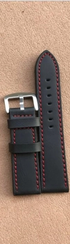 Кожаный ремешок для часов 22 мм Чёрный с красной строчкой