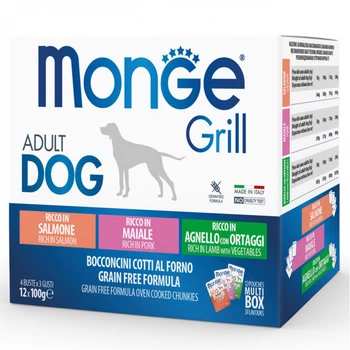 Набор влажного корма Monge Dog Wet GRILL MIX с лососем, ягненком и свининой для взрослых собак 12 шт по 100 гр