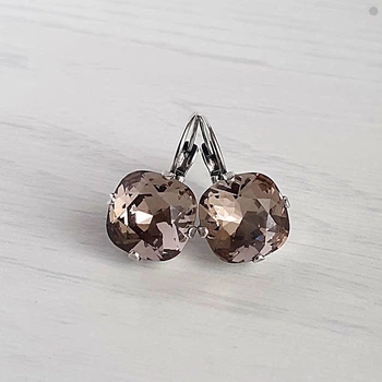Сережки Hand Made родированные с кристаллами Swarovski серо-коричневого оттенка