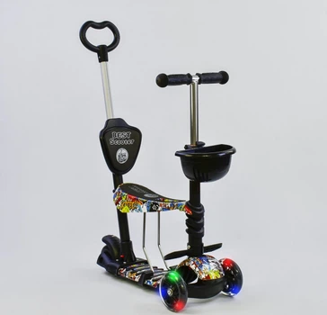Самокат із сидінням 5 в 1 Best Scooter 34760 кошик батьківська ручка чорний