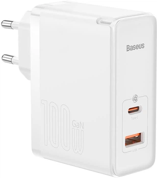 Мережевий зарядний пристрій Baseus GaN5 Pro Fast Charger C+U 100W EU (With Cable Type-C to Type-C 100W 20V/5A 1 м) White (CCGP090202)