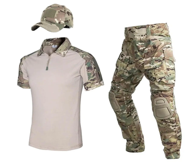 Тактический летний военный коcтюм форма Gunfighter футболка поло, штаны+наколенники, кепка р.3XL