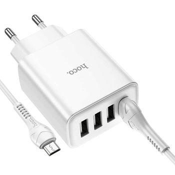 Зарядний пристрій мережевий HOCO C102A 4USB/2,1A з кабелем для заряджання USB - MicroUSB Білий