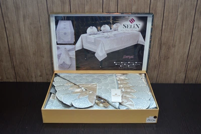 Велюровая скатерть с ранером Selin Derya Set 160×350+12 серветок Бежевый