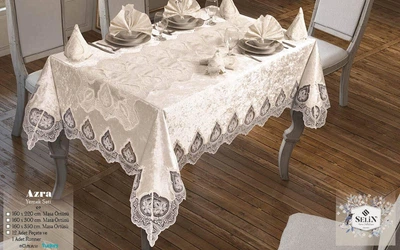 Велюрова скатертина з ранером Selin Azra Set 160×220+12 серветок Кремова