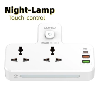 Настенный сетевой фильтр (удлинитель) LDNIO SE2311, 2 розетки US/EU/UK, 1хUSB+1xUSB QC3.0+TypeC PD20W с лампой