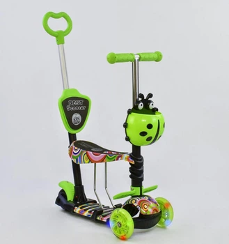 Детский самокат Best Scooter 33650 Божья коровка 5 в 1 родительская ручка корзинка свет колес Салатовый